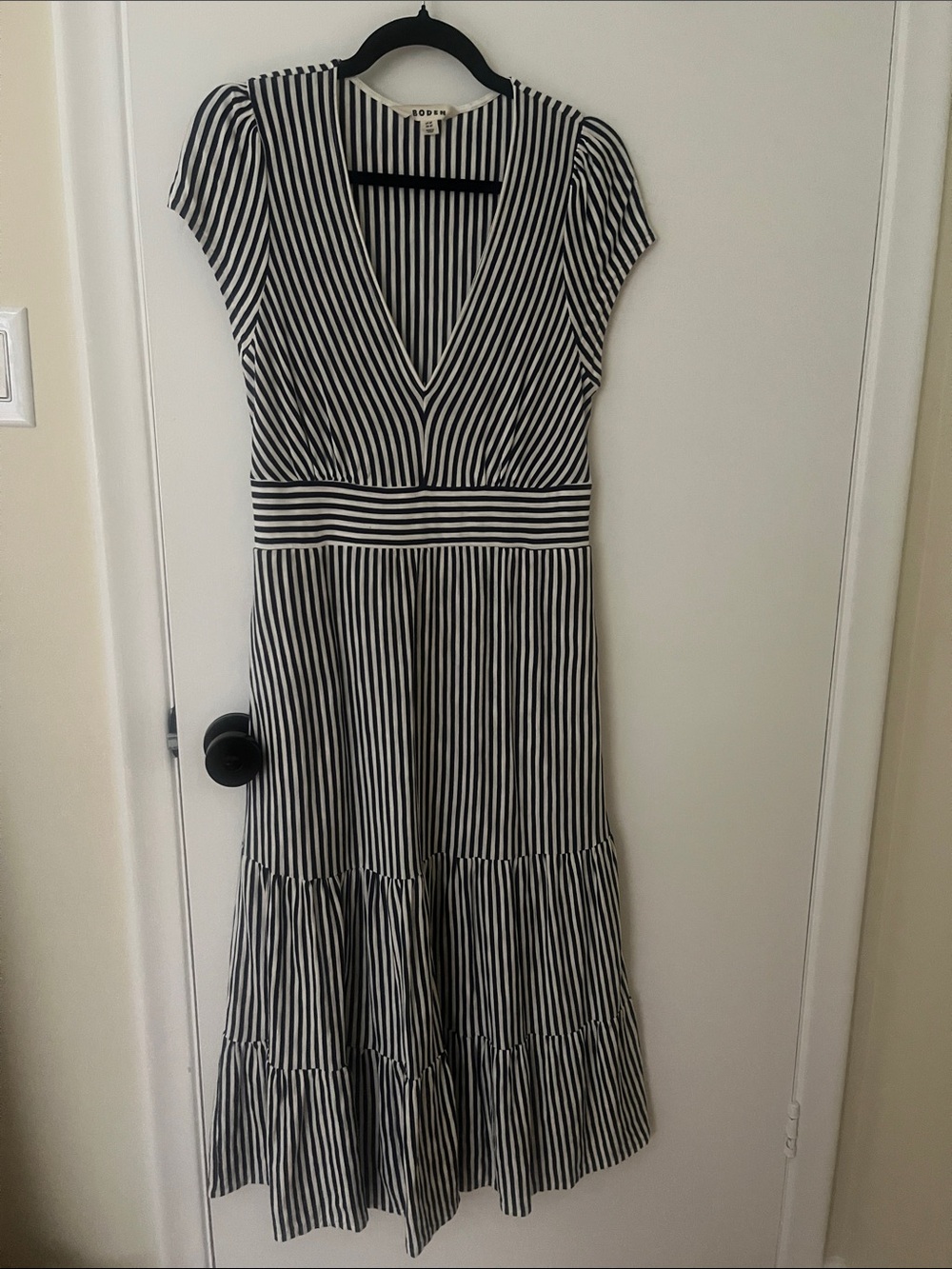 Boden Navy and White Striped V-Neck Maxi Dress